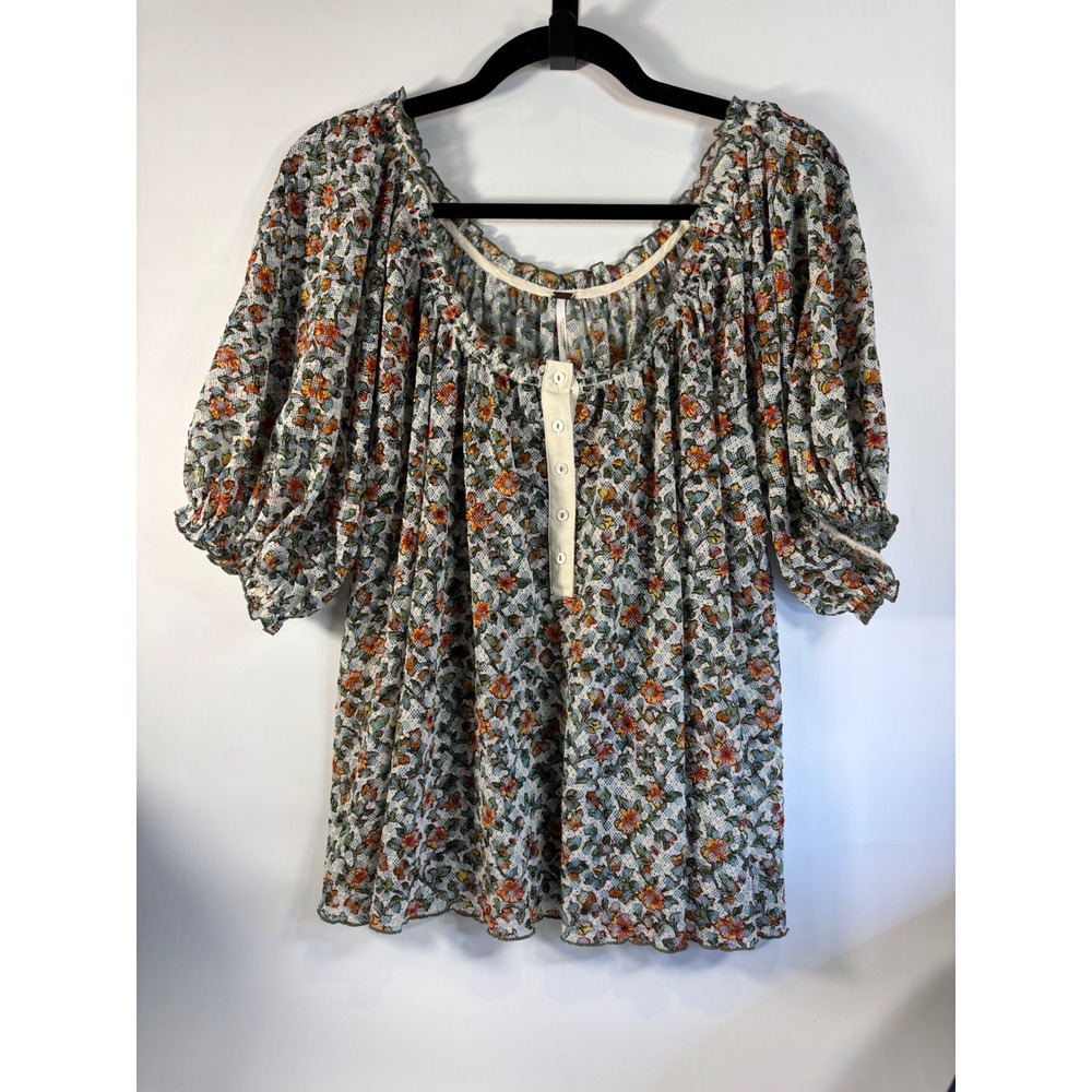Free People Floral Earth Tones Boho Mesh Peasant Top Size LG